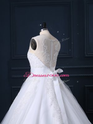 Nice White Sleeveless Tulle Brush Train Zipper Wedding Gowns for Wedding Party