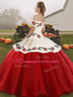 Beauteous White And Purple Sweet 16 Dress Military Ball and Sweet 16 and Quinceanera with Embroidery Off The Shoulder Sleeveless Lace Up