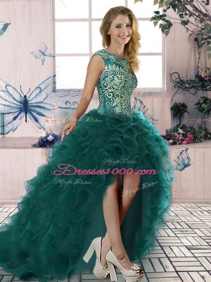 Pretty High Low Dark Green Pageant Dress for Womens Scoop Sleeveless Lace Up