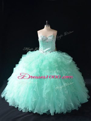 Apple Green Tulle Lace Up Sweetheart Sleeveless Floor Length 15th Birthday Dress Beading and Ruffles