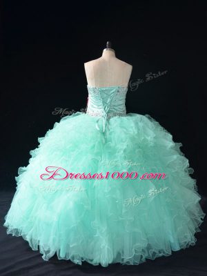 Apple Green Tulle Lace Up Sweetheart Sleeveless Floor Length 15th Birthday Dress Beading and Ruffles