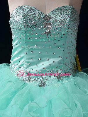 Apple Green Tulle Lace Up Sweetheart Sleeveless Floor Length 15th Birthday Dress Beading and Ruffles