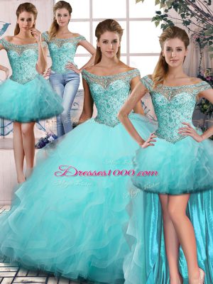 Aqua Blue Off The Shoulder Lace Up Beading and Ruffles 15 Quinceanera Dress Sleeveless