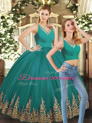 Delicate V-neck Sleeveless Backless Quinceanera Dress Turquoise Tulle