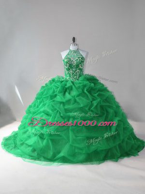 Beauteous Green Ball Gowns Halter Top Sleeveless Tulle Court Train Lace Up Beading and Pick Ups Quinceanera Gown