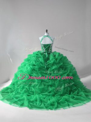 Beauteous Green Ball Gowns Halter Top Sleeveless Tulle Court Train Lace Up Beading and Pick Ups Quinceanera Gown