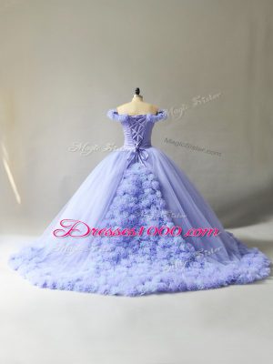 Lavender Ball Gowns Off The Shoulder Sleeveless Tulle Court Train Lace Up Hand Made Flower Quinceanera Gown