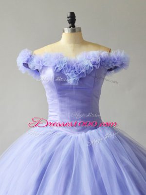 Lavender Ball Gowns Off The Shoulder Sleeveless Tulle Court Train Lace Up Hand Made Flower Quinceanera Gown