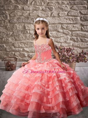 Beautiful Watermelon Red Beading and Ruffled Layers Lace Up Child Pageant Dress