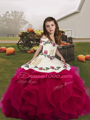 Fuchsia Straps Lace Up Embroidery and Ruffles Little Girls Pageant Gowns Sleeveless