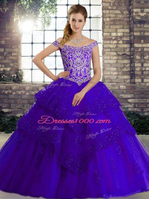 Purple Tulle Lace Up Quinceanera Dress Sleeveless Brush Train Beading and Lace