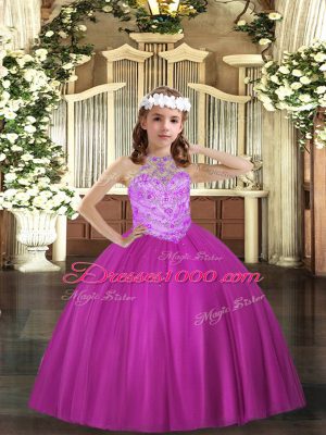 Fuchsia Halter Top Lace Up Beading Kids Pageant Dress Sleeveless