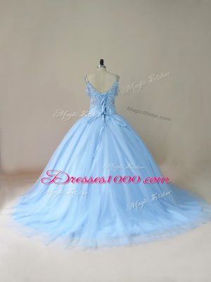 Light Blue Lace Up Sweet 16 Dresses Beading Sleeveless Brush Train