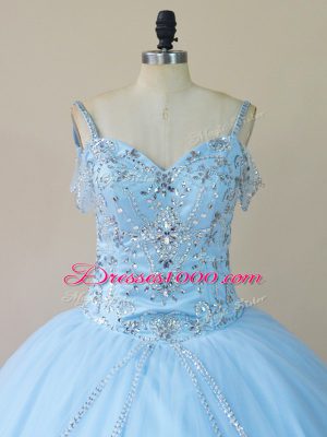 Light Blue Lace Up Sweet 16 Dresses Beading Sleeveless Brush Train