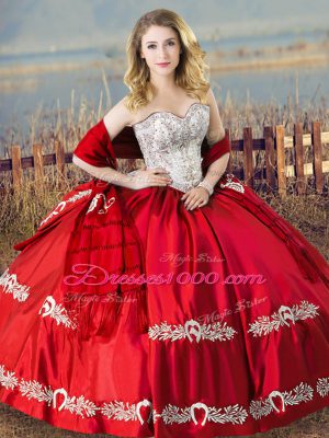 Delicate Red Ball Gowns Sweetheart Sleeveless Satin Floor Length Lace Up Beading and Embroidery Sweet 16 Quinceanera Dress