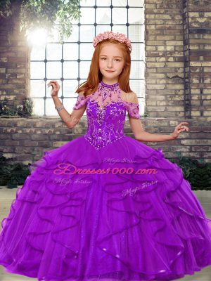 Top Selling Purple Winning Pageant Gowns Party and Wedding Party with Beading and Ruffles High-neck Sleeveless Lace Up