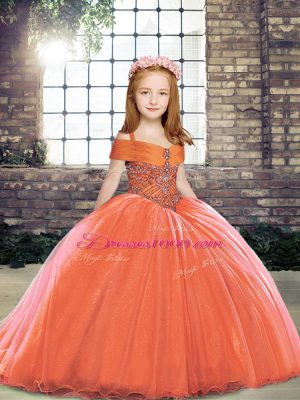 Low Price Orange Red Ball Gowns Tulle Straps Sleeveless Beading Floor Length Lace Up Little Girls Pageant Dress