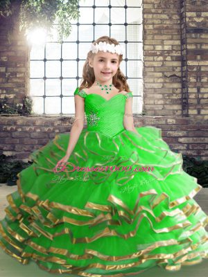 Hot Selling Straps Sleeveless Girls Pageant Dresses High Low Beading and Ruching Tulle