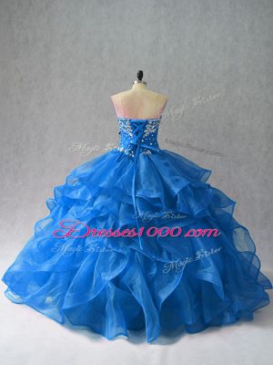 Customized Sleeveless Organza Floor Length Lace Up Quince Ball Gowns in Blue with Beading and Ruffles