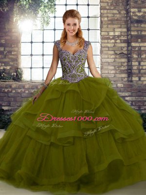 Custom Design Olive Green Lace Up Straps Beading and Ruffles Sweet 16 Dresses Tulle Sleeveless