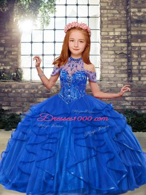 Blue Sleeveless Tulle Lace Up Kids Formal Wear for Party and Wedding Party