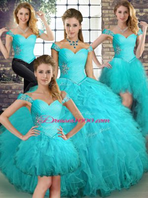 Vintage Off The Shoulder Sleeveless Quinceanera Dress Floor Length Beading and Ruffles Aqua Blue Tulle