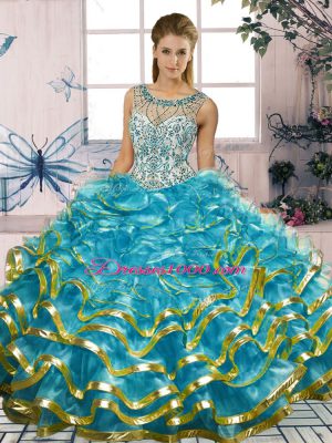 Pretty Blue Organza Lace Up Scoop Sleeveless Floor Length Quinceanera Gown Beading and Ruffles