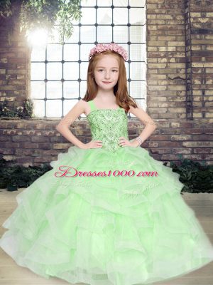 Trendy Sleeveless Tulle Floor Length Lace Up Teens Party Dress in Apple Green with Beading and Ruffles