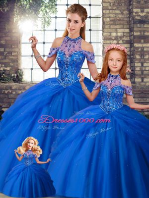 Glamorous Blue Sleeveless Tulle Brush Train Lace Up 15 Quinceanera Dress for Military Ball and Sweet 16 and Quinceanera