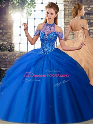 Glamorous Blue Sleeveless Tulle Brush Train Lace Up 15 Quinceanera Dress for Military Ball and Sweet 16 and Quinceanera
