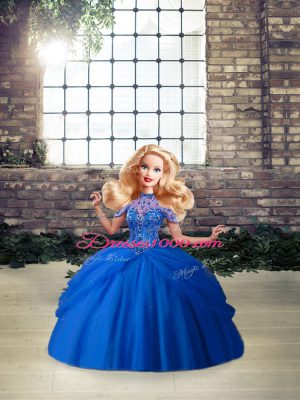 Glamorous Blue Sleeveless Tulle Brush Train Lace Up 15 Quinceanera Dress for Military Ball and Sweet 16 and Quinceanera