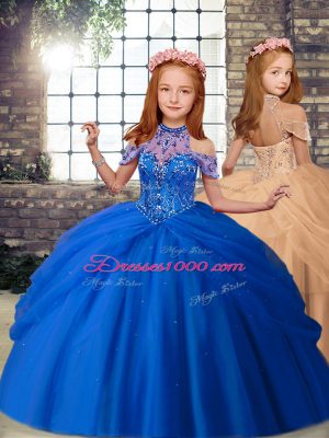 Glamorous Blue Sleeveless Tulle Brush Train Lace Up 15 Quinceanera Dress for Military Ball and Sweet 16 and Quinceanera