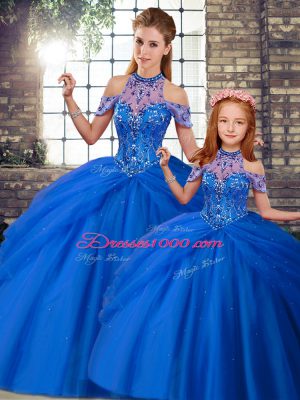 Glamorous Blue Sleeveless Tulle Brush Train Lace Up 15 Quinceanera Dress for Military Ball and Sweet 16 and Quinceanera