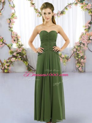 Fitting Sleeveless Floor Length Ruching Lace Up Damas Dress with Dark Green