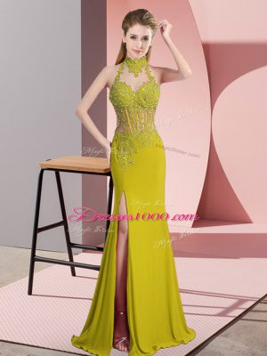 Most Popular Green Halter Top Backless Lace and Appliques Prom Party Dress Sleeveless