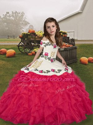 Popular Floor Length Lace Up Kids Pageant Dress Coral Red for Party and Military Ball and Wedding Party with Embroidery and Ruffles