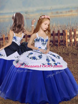 Blue Ball Gowns Embroidery Child Pageant Dress Lace Up Organza Sleeveless Floor Length