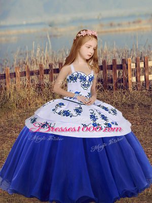 Blue Ball Gowns Embroidery Child Pageant Dress Lace Up Organza Sleeveless Floor Length