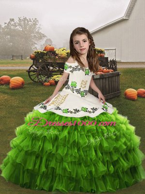 Green Straps Lace Up Embroidery and Ruffled Layers Kids Pageant Dress Sleeveless