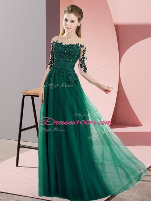 Amazing Dark Green Empire Bateau Half Sleeves Chiffon Floor Length Lace Up Beading and Lace Bridesmaid Dresses
