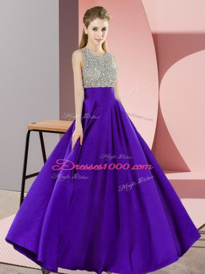 Sexy Purple Elastic Woven Satin Backless Scoop Sleeveless Floor Length Evening Wear Beading