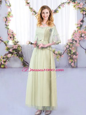 Yellow Green Off The Shoulder Neckline Lace and Belt Bridesmaid Gown Half Sleeves Side Zipper