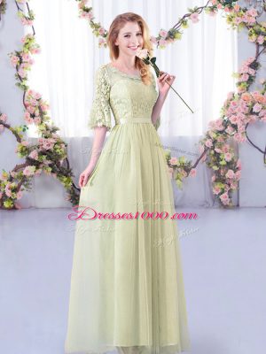 Yellow Green Off The Shoulder Neckline Lace and Belt Bridesmaid Gown Half Sleeves Side Zipper