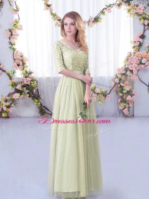 Yellow Green Off The Shoulder Neckline Lace and Belt Bridesmaid Gown Half Sleeves Side Zipper