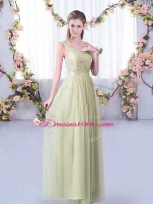 Yellow Green Off The Shoulder Neckline Lace and Belt Bridesmaid Gown Half Sleeves Side Zipper