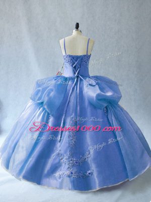 Sleeveless Organza Floor Length Lace Up Vestidos de Quinceanera in Blue with Appliques