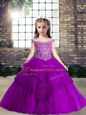 Eggplant Purple Ball Gowns Off The Shoulder Sleeveless Chiffon Floor Length Lace Up Beading and Lace and Appliques Pageant Dress Wholesale