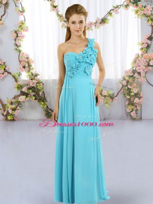 Floor Length Aqua Blue Bridesmaid Dresses Chiffon Sleeveless Hand Made Flower