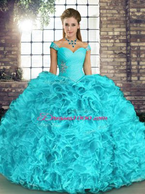 Aqua Blue Off The Shoulder Neckline Beading and Ruffles Quinceanera Dress Sleeveless Lace Up