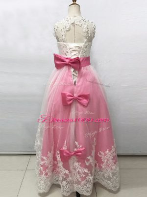 Trendy Pink And White Tulle Lace Up Flower Girl Dresses for Less Sleeveless Floor Length Beading and Lace and Bowknot